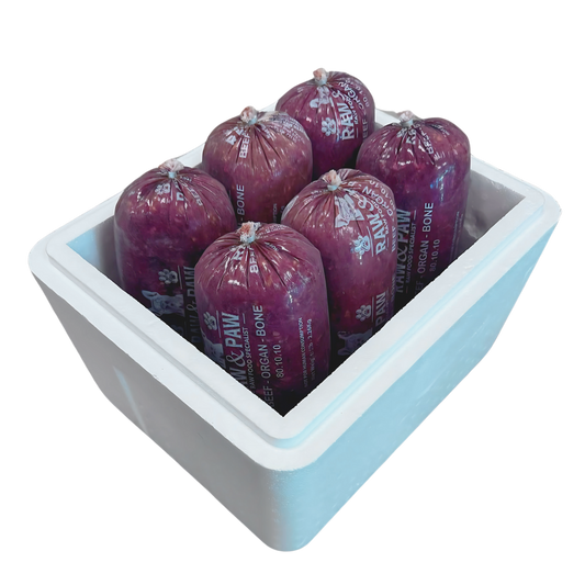 A case of 6 x 5lb frozen chubs of Raw & Paw Naturals' Beef & Organ 80/10/10 raw dog food, ready for bulk shipping.