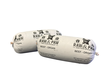 A case of 6 x 5lb frozen chubs of Raw & Paw Naturals' boneless Beef & Organ raw dog food, ready for bulk shipping.