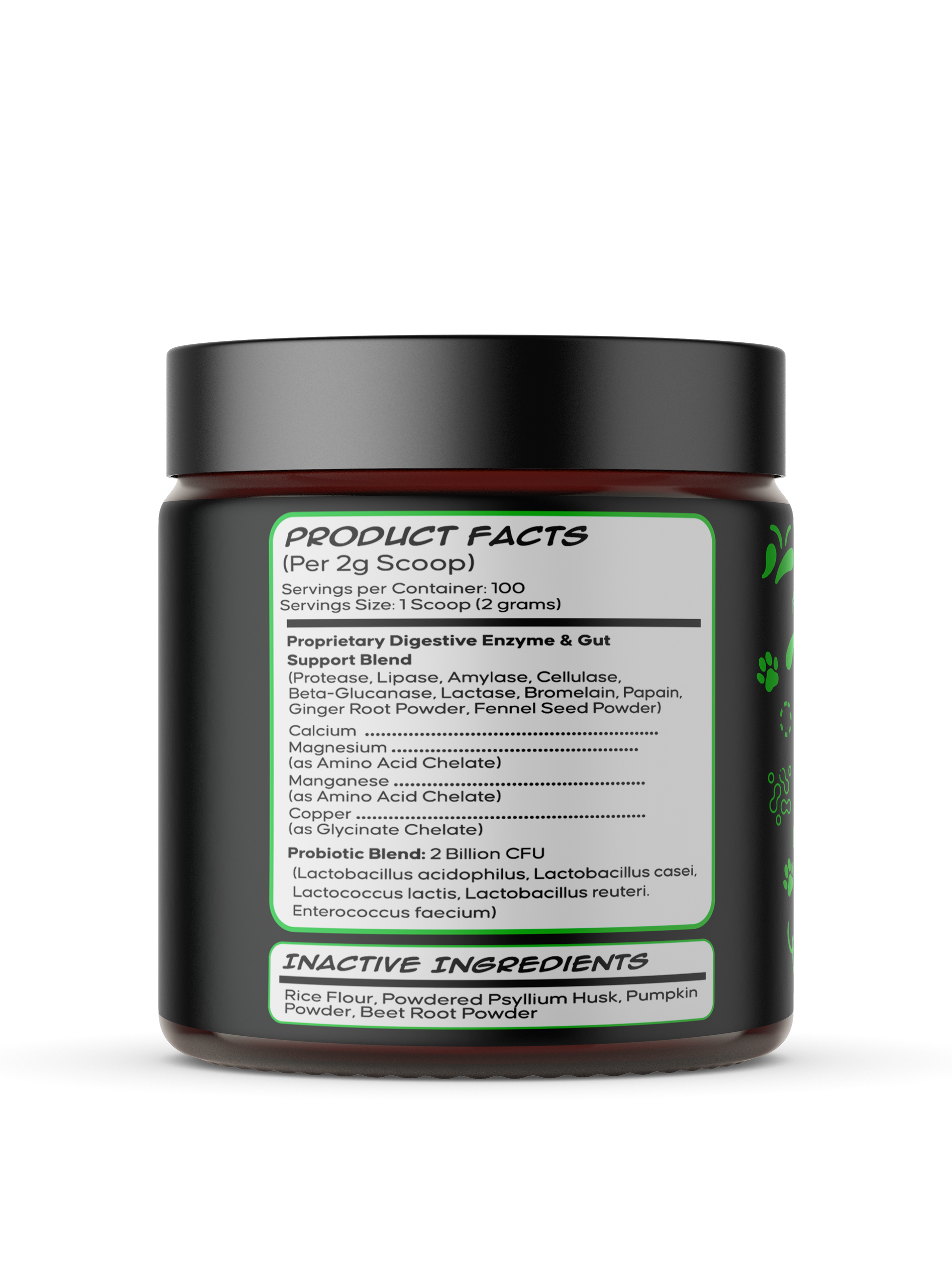 The ingredient panel for Enzyme Envy, detailing its broad-spectrum blend of enzymes that help break down proteins, carbohydrates, and fats in dog food.