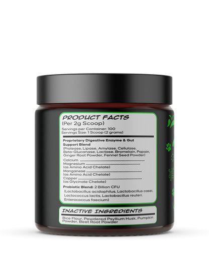 The ingredient panel for Enzyme Envy, detailing its broad-spectrum blend of enzymes that help break down proteins, carbohydrates, and fats in dog food.