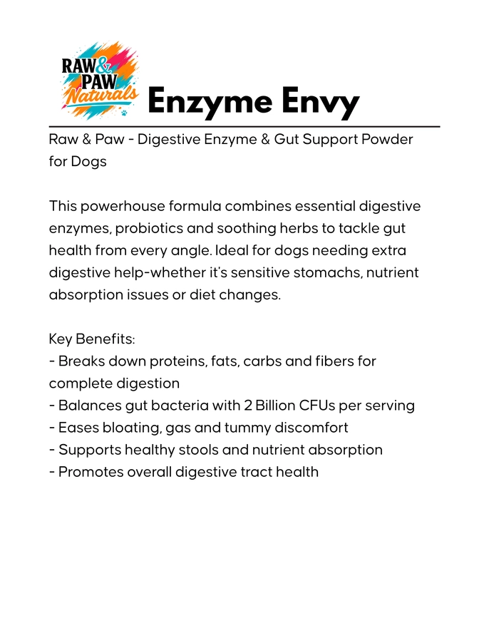 Product information for digestive enzyme and gut support powder for dogs.