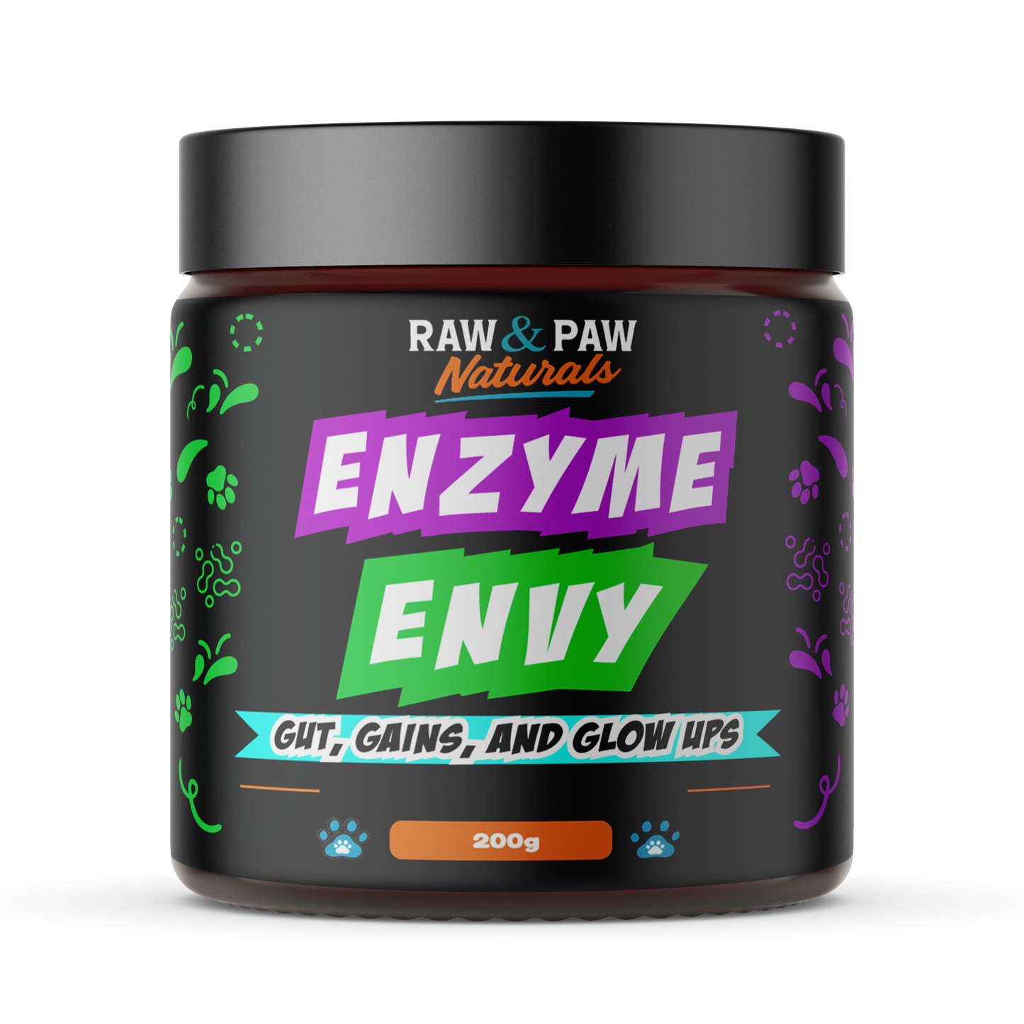 The jar of Enzyme Envy, a premium digestive enzyme powder supplement specially formulated for dogs eating kibble to improve digestion and nutrient absorption.