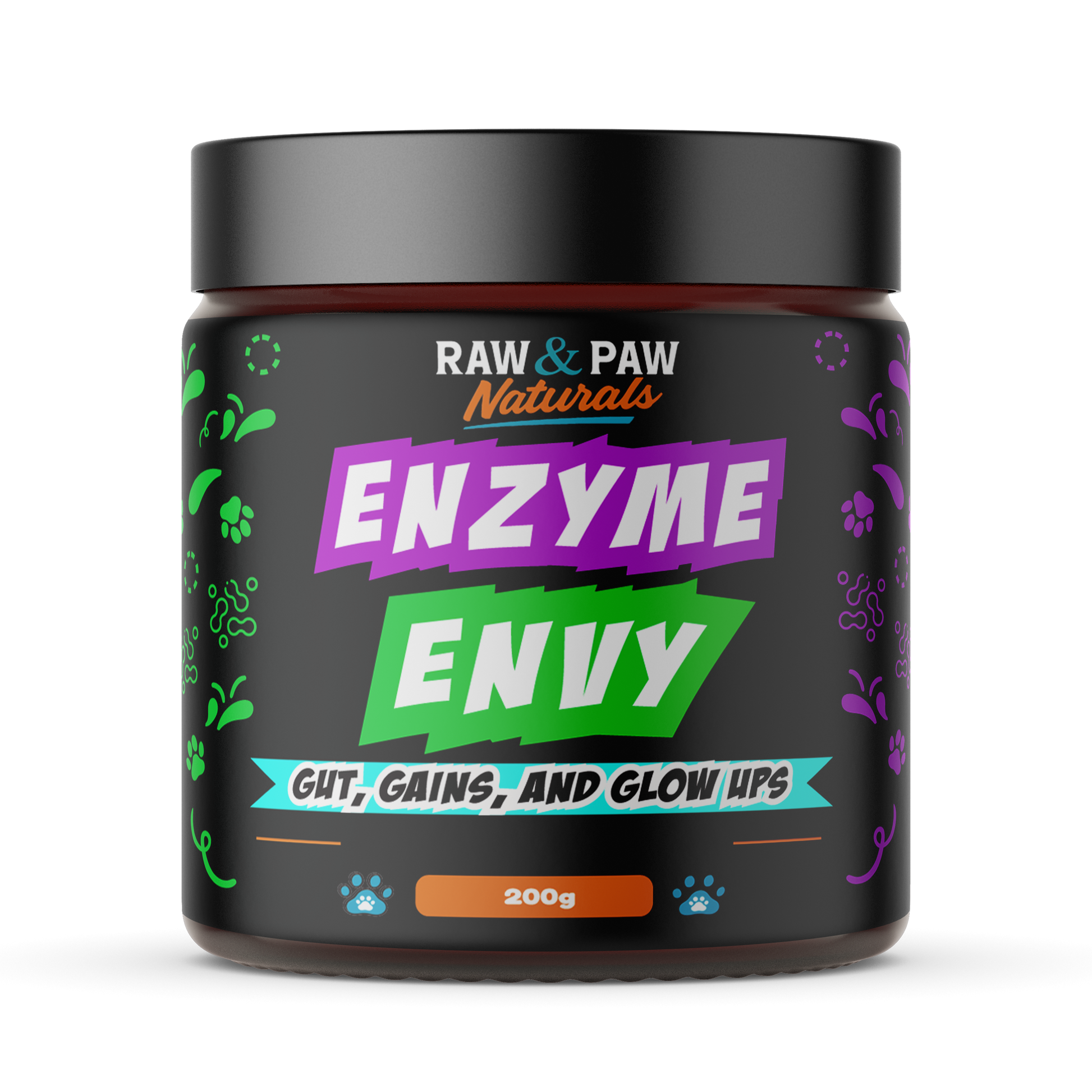 The jar of Enzyme Envy, a premium digestive enzyme powder supplement specially formulated for dogs eating kibble to improve digestion and nutrient absorption.