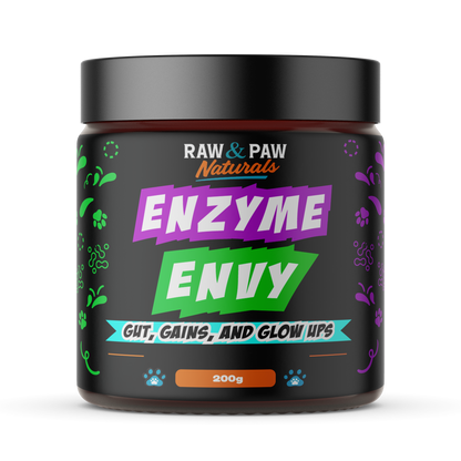 The jar of Enzyme Envy, a premium digestive enzyme powder supplement specially formulated for dogs eating kibble to improve digestion and nutrient absorption.