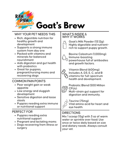 The bag of Goat Brew from Raw & Paw Naturals, a goat milk superfood supplement for dogs with colostrum and probiotics to support growth and immunity.