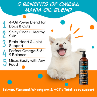 he supplement facts and ingredient panel for Omega Mania, detailing its unique blend of four powerful oils for dog health.