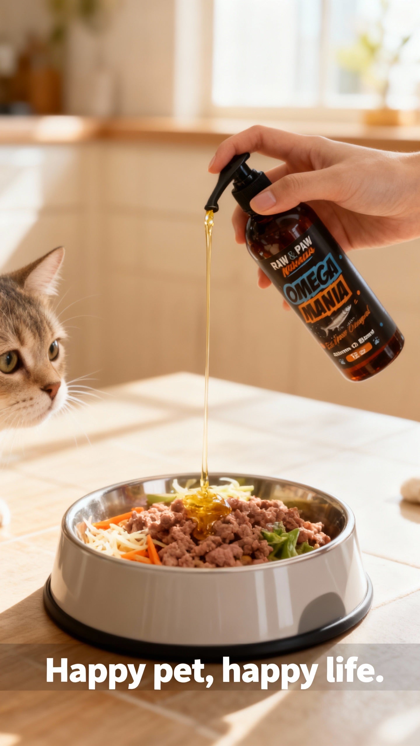 Person pouring a supplement into a cat's food bowl with text 'Happy pet, happy life.'