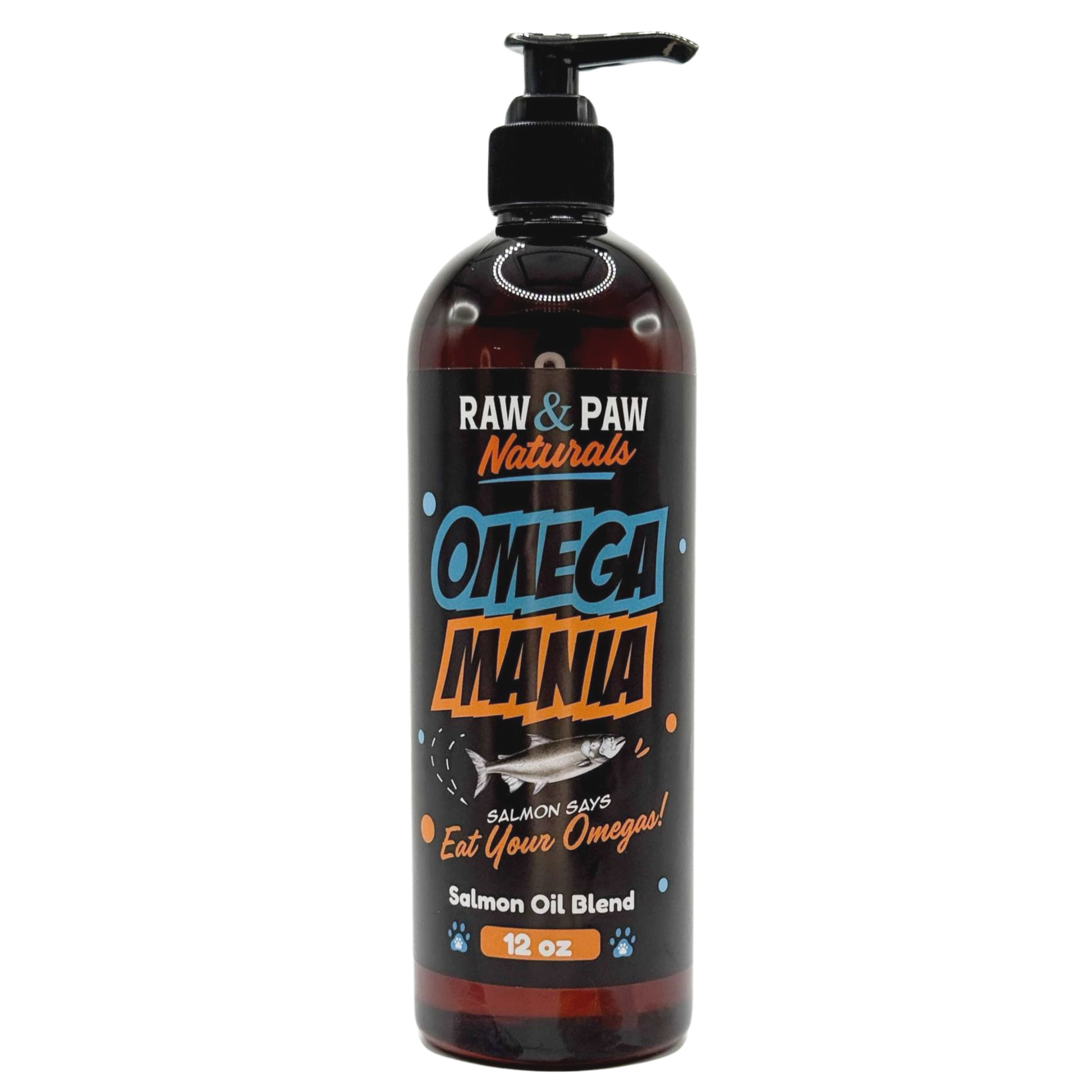 The bottle of Omega Mania from Raw & Paw Naturals, a complete omega oil blend for dogs with salmon, MCT, flaxseed, and wheatgerm oil.