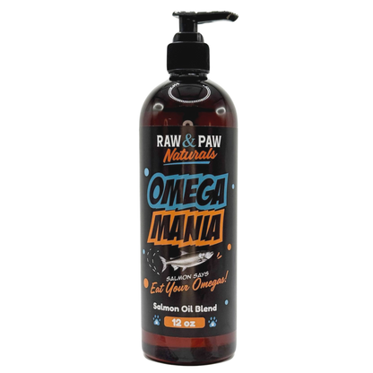 The bottle of Omega Mania from Raw & Paw Naturals, a complete omega oil blend for dogs with salmon, MCT, flaxseed, and wheatgerm oil.
