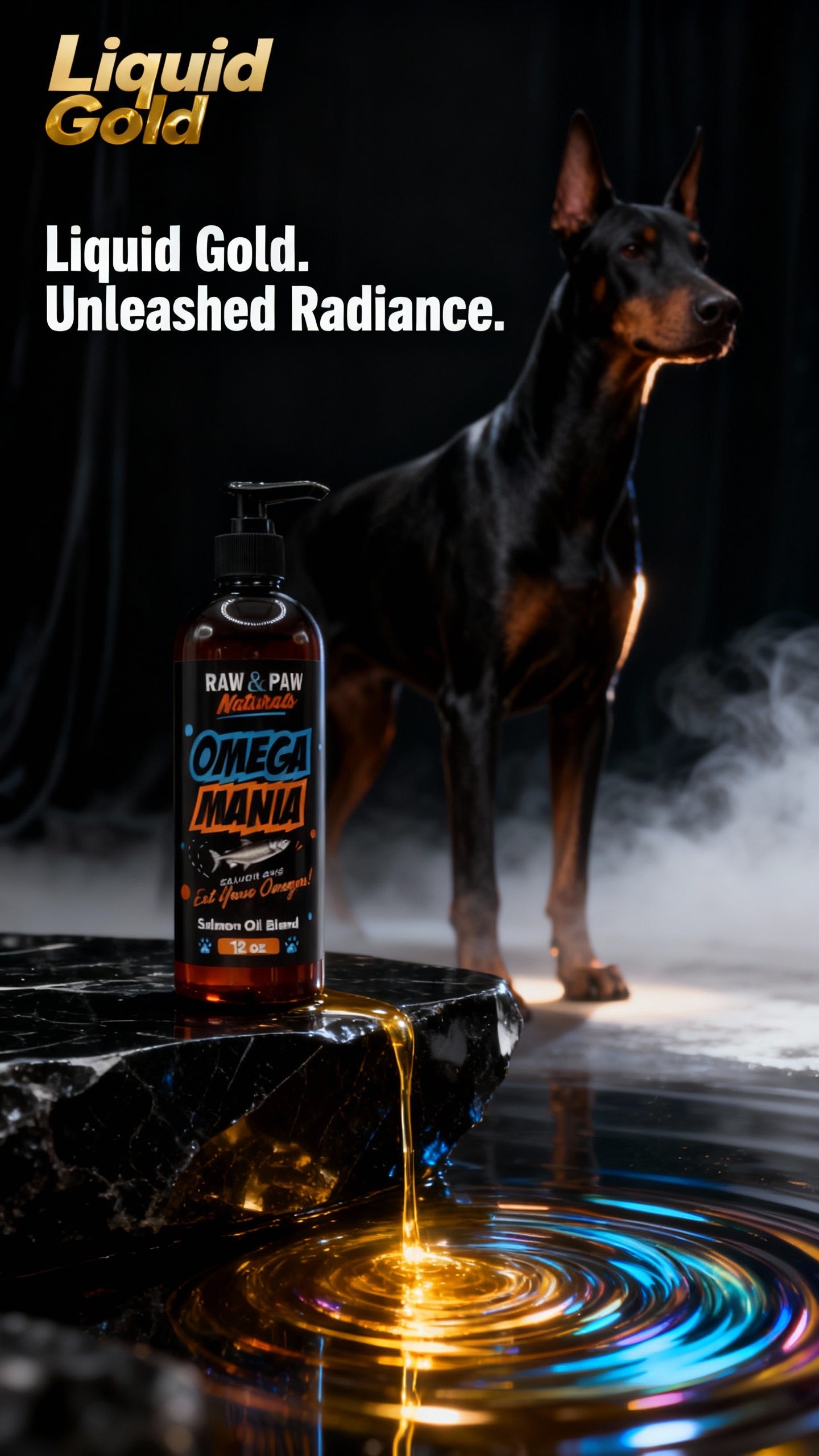 Dog standing next to a bottle of 'Omega Mania' with 'Liquid Gold' text on a dark background