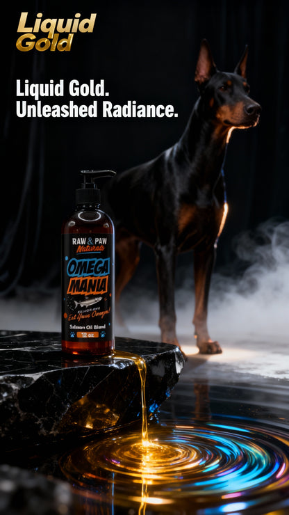Dog standing next to a bottle of 'Omega Mania' with 'Liquid Gold' text on a dark background