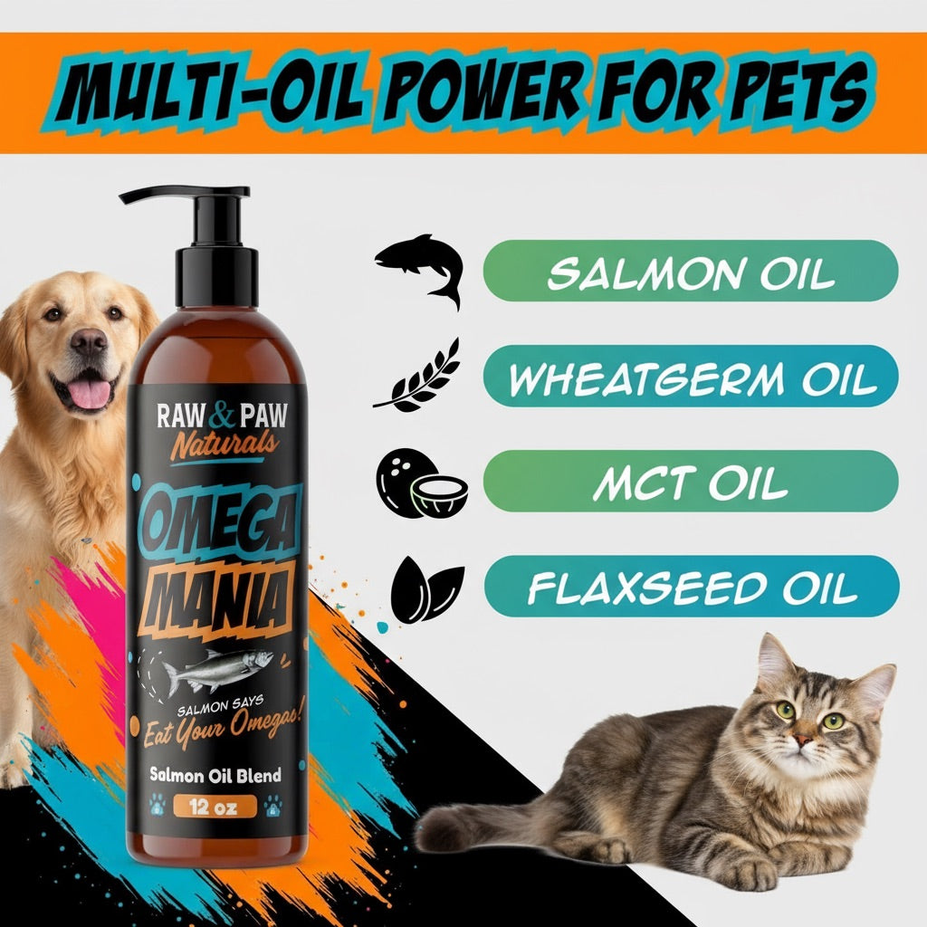 A bottle of Omega Mania, a comprehensive omega blend for dogs featuring a powerful mix of salmon, MCT, wheatgerm, and flaxseed oils to support whole-body health.