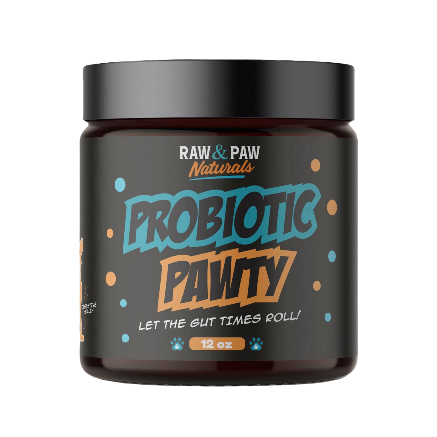 The jar of Probiotic Pawty from Raw & Paw Naturals, a daily probiotic supplement for dogs with prebiotics and enzymes to support gut and immune health.