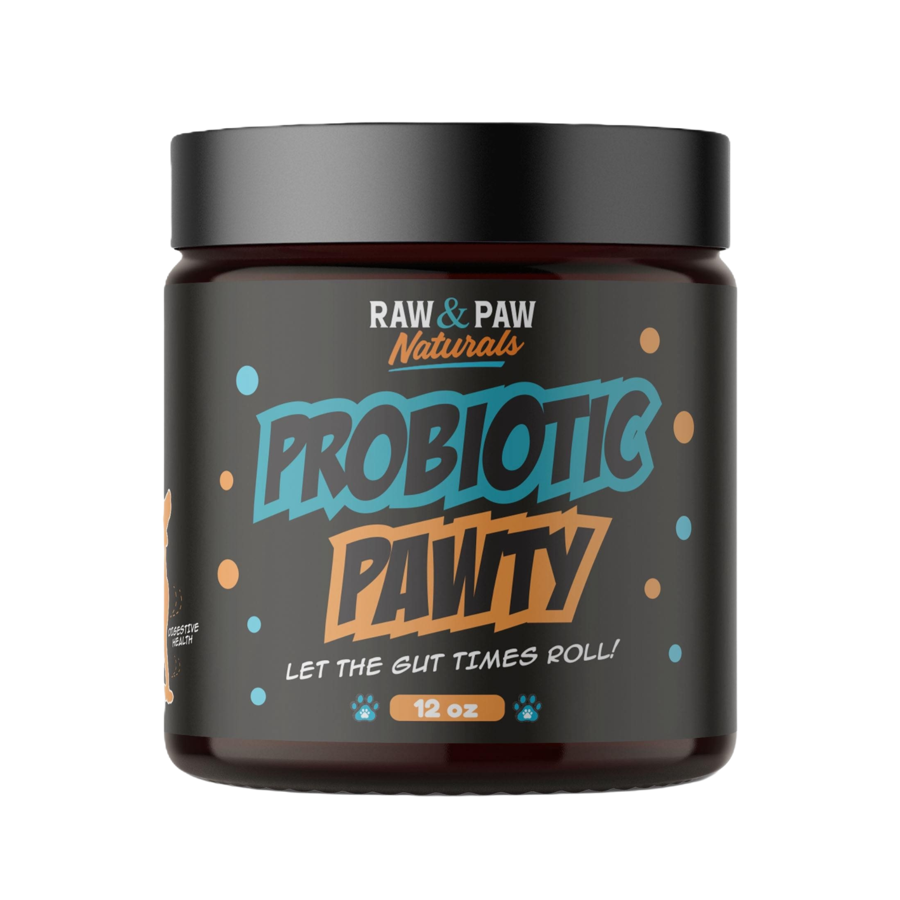 The jar of Probiotic Pawty from Raw & Paw Naturals, a daily probiotic supplement for dogs with prebiotics and enzymes to support gut and immune health.