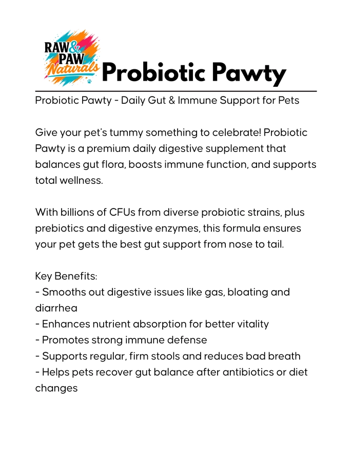 Probiotic supplement for pets with text detailing benefits and uses.