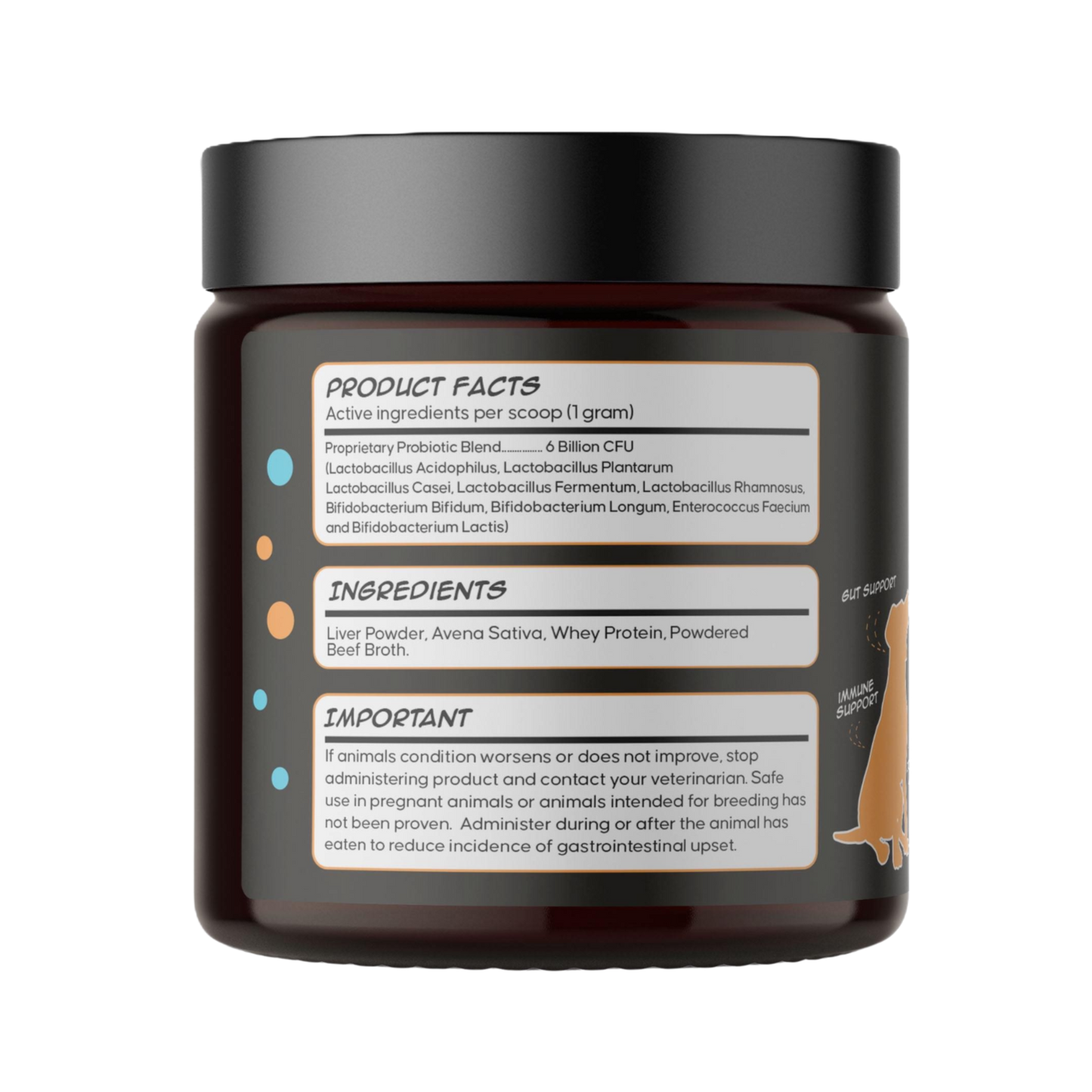 The supplement facts and ingredient panel for Probiotic Pawty, detailing its diverse blend of probiotic strains, prebiotics, and digestive enzymes.