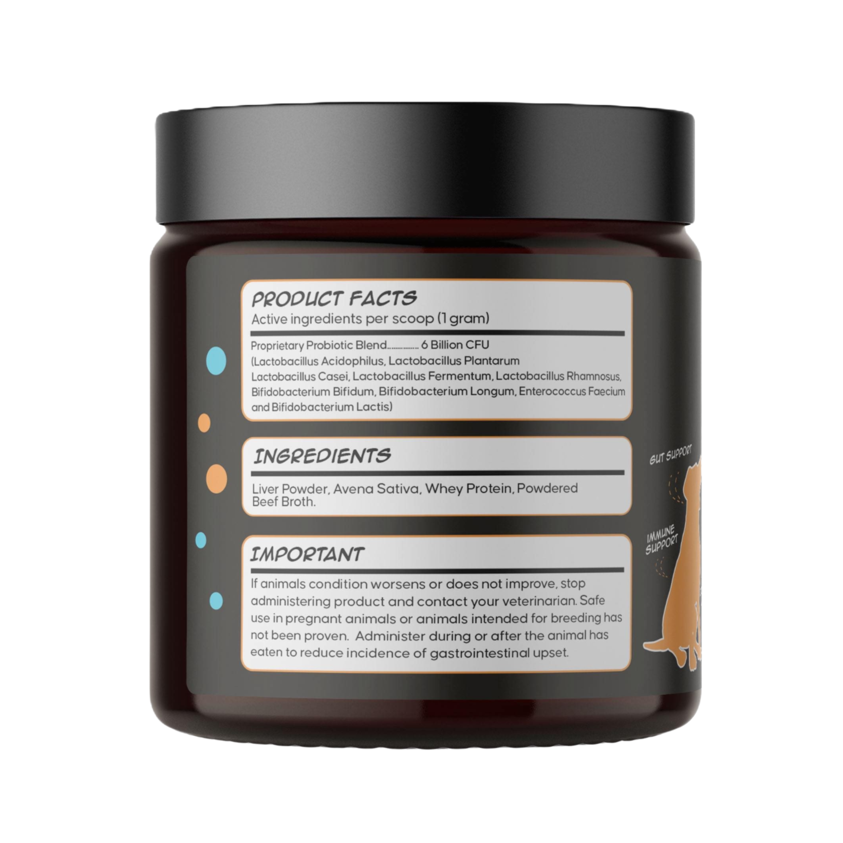 The supplement facts and ingredient panel for Probiotic Pawty, detailing its diverse blend of probiotic strains, prebiotics, and digestive enzymes.