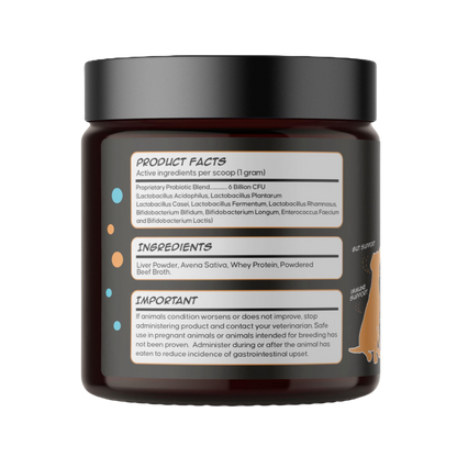 The supplement facts and ingredient panel for Probiotic Pawty, detailing its diverse blend of probiotic strains, prebiotics, and digestive enzymes.