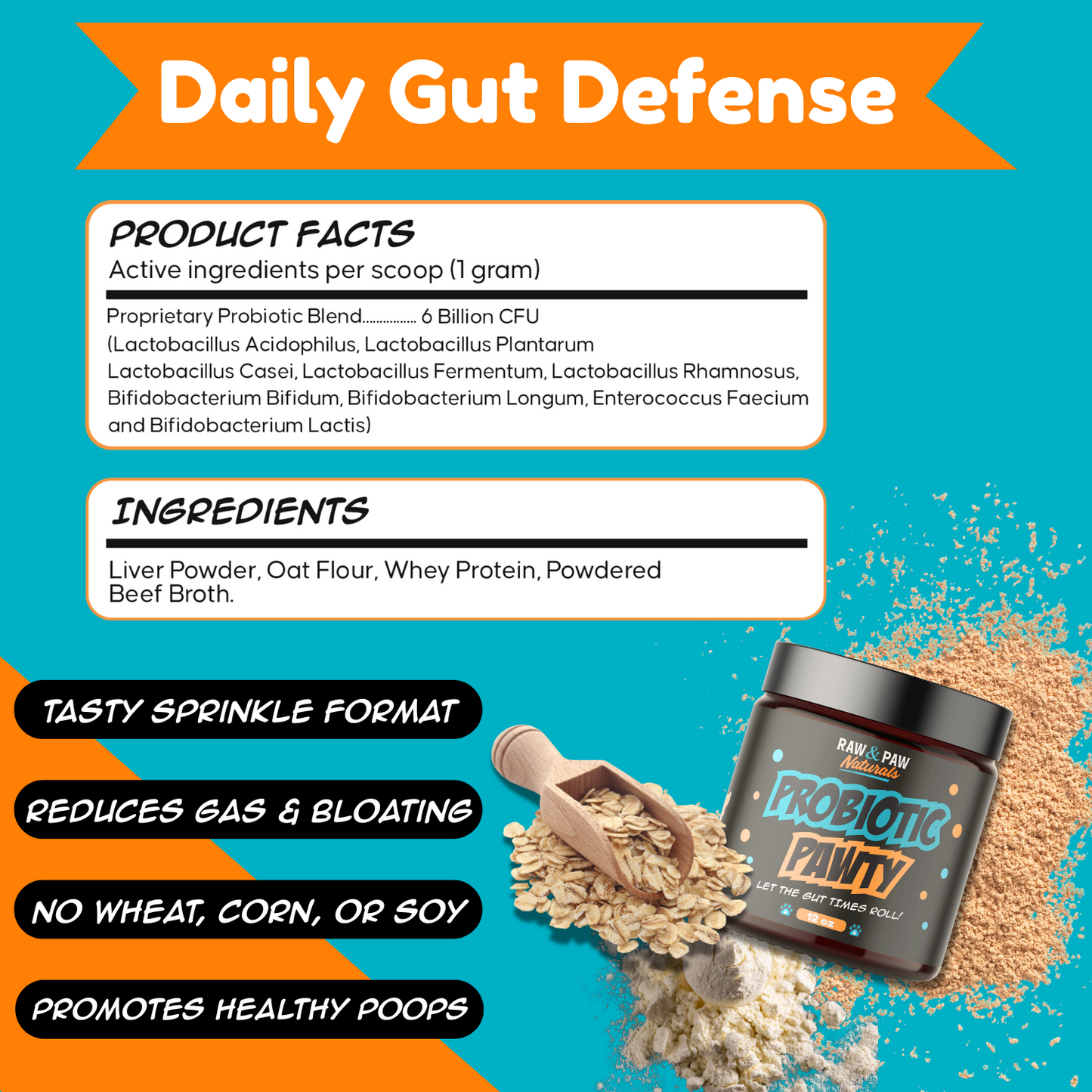 The supplement facts and ingredient panel for Probiotic Pawty, detailing its diverse blend of probiotic strains, prebiotics, and digestive enzymes.