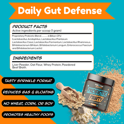 The supplement facts and ingredient panel for Probiotic Pawty, detailing its diverse blend of probiotic strains, prebiotics, and digestive enzymes.