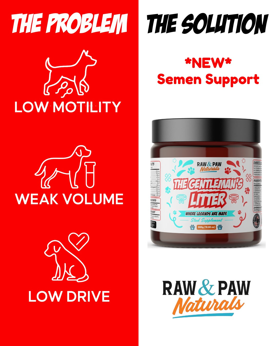 The bottle of The Gentleman's Litter, a premium stud dog fertility and performance supplement designed to improve sperm motility, quality, and libido.