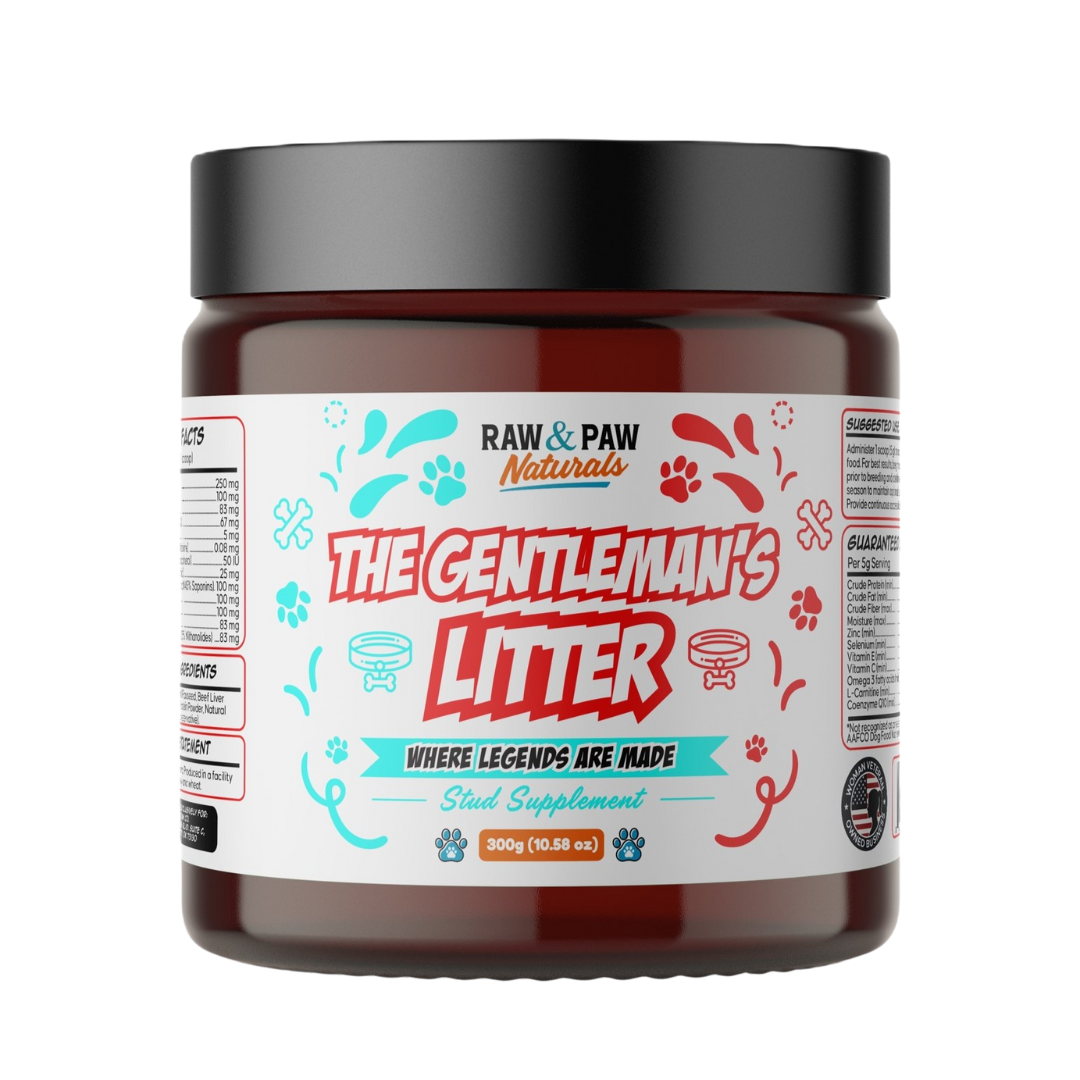 The bottle of The Gentleman's Litter, a premium stud dog fertility and performance supplement designed to improve sperm motility, quality, and libido.