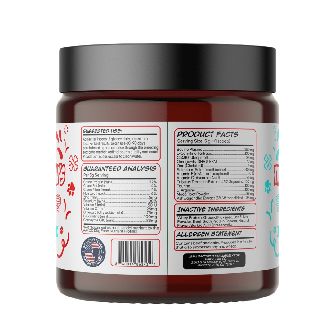 The ingredient and nutritional information panel for The Gentleman's Litter, showing its blend of L-Carnitine, CoQ10, Tribulus, and other key fertility nutrients.