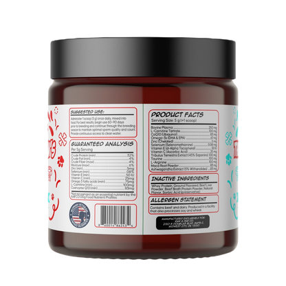 The ingredient and nutritional information panel for The Gentleman's Litter, showing its blend of L-Carnitine, CoQ10, Tribulus, and other key fertility nutrients.